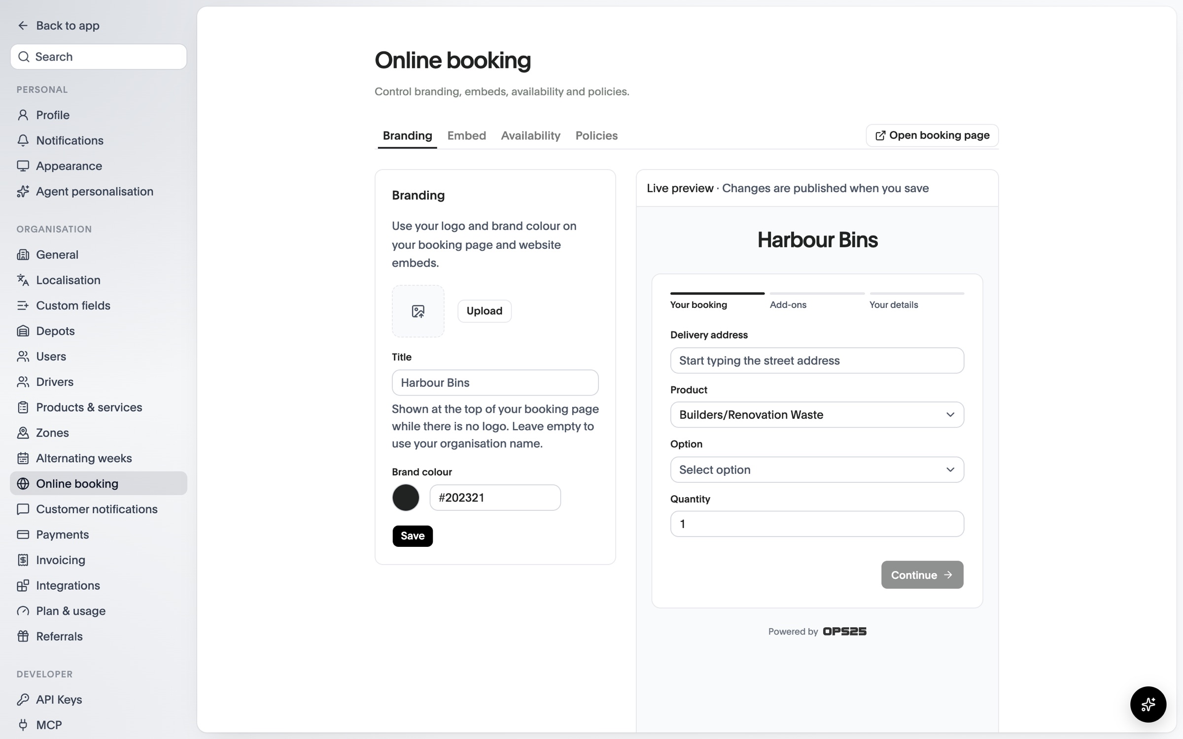 Online booking settings with branding controls beside a live preview of the booking page