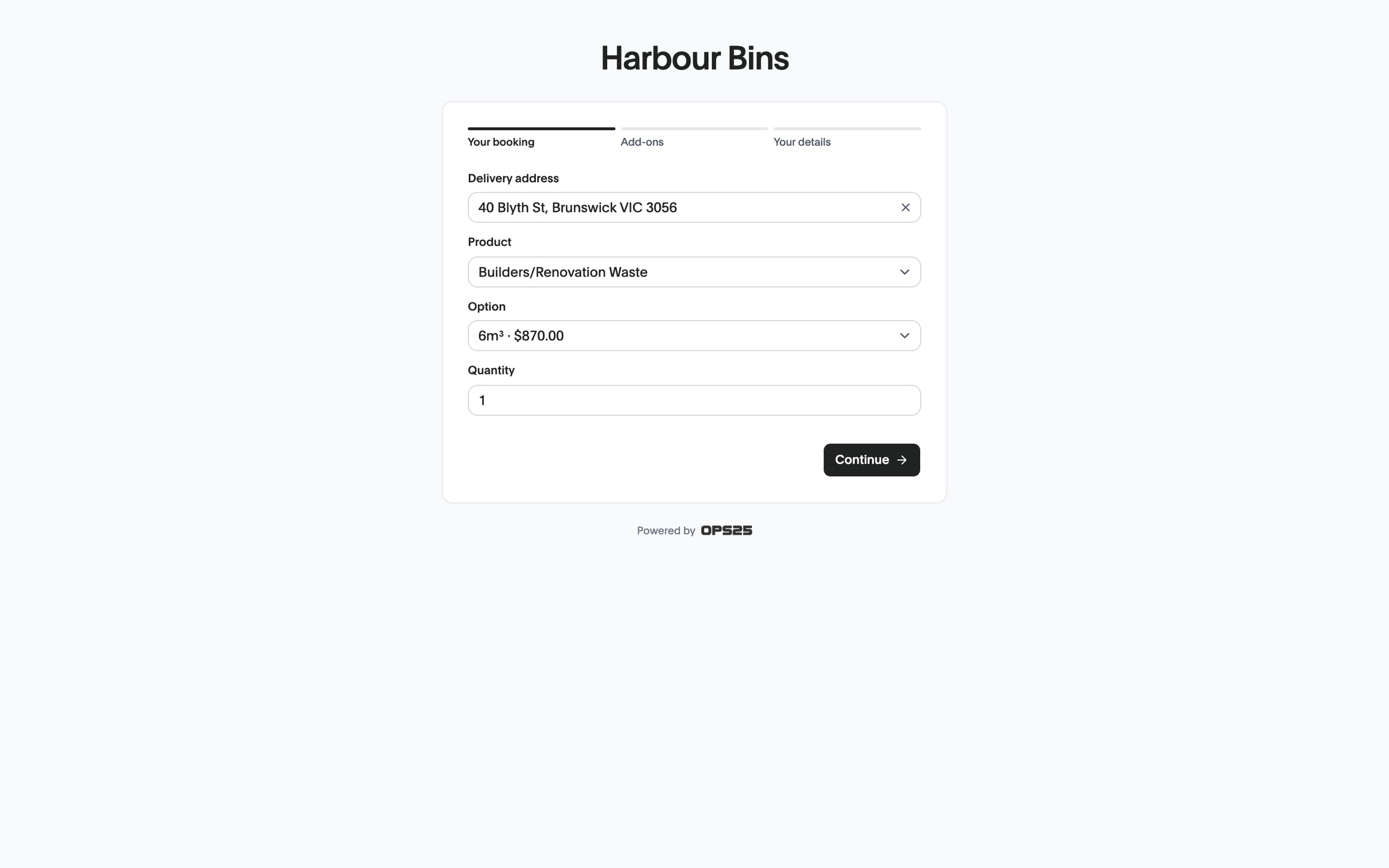 A Harbour Bins booking page with the delivery address, product and bin size chosen