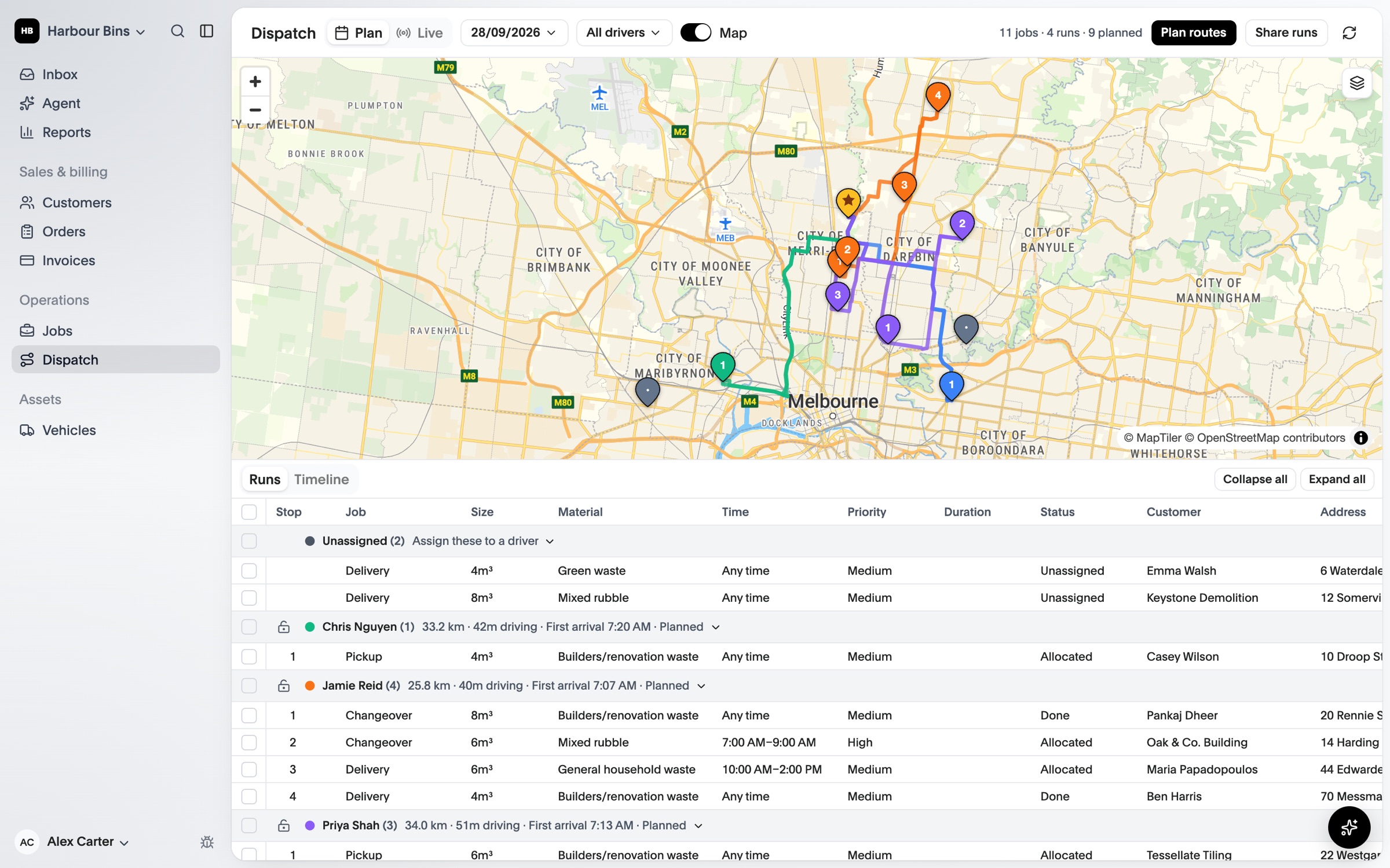 Dispatch with each driver’s planned truck route on the map and their runs listed below