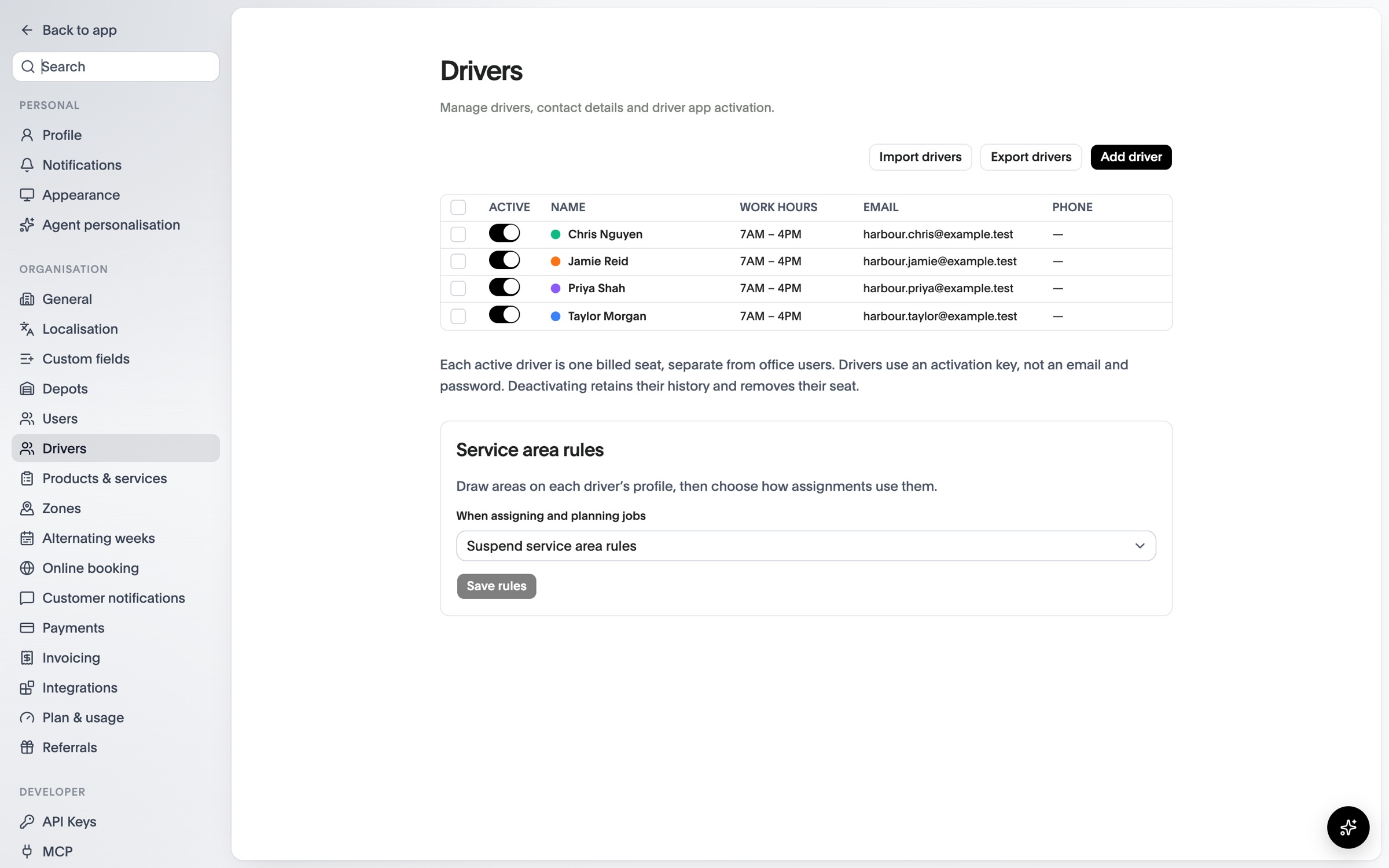 Driver settings listing each driver, their work hours and app activation