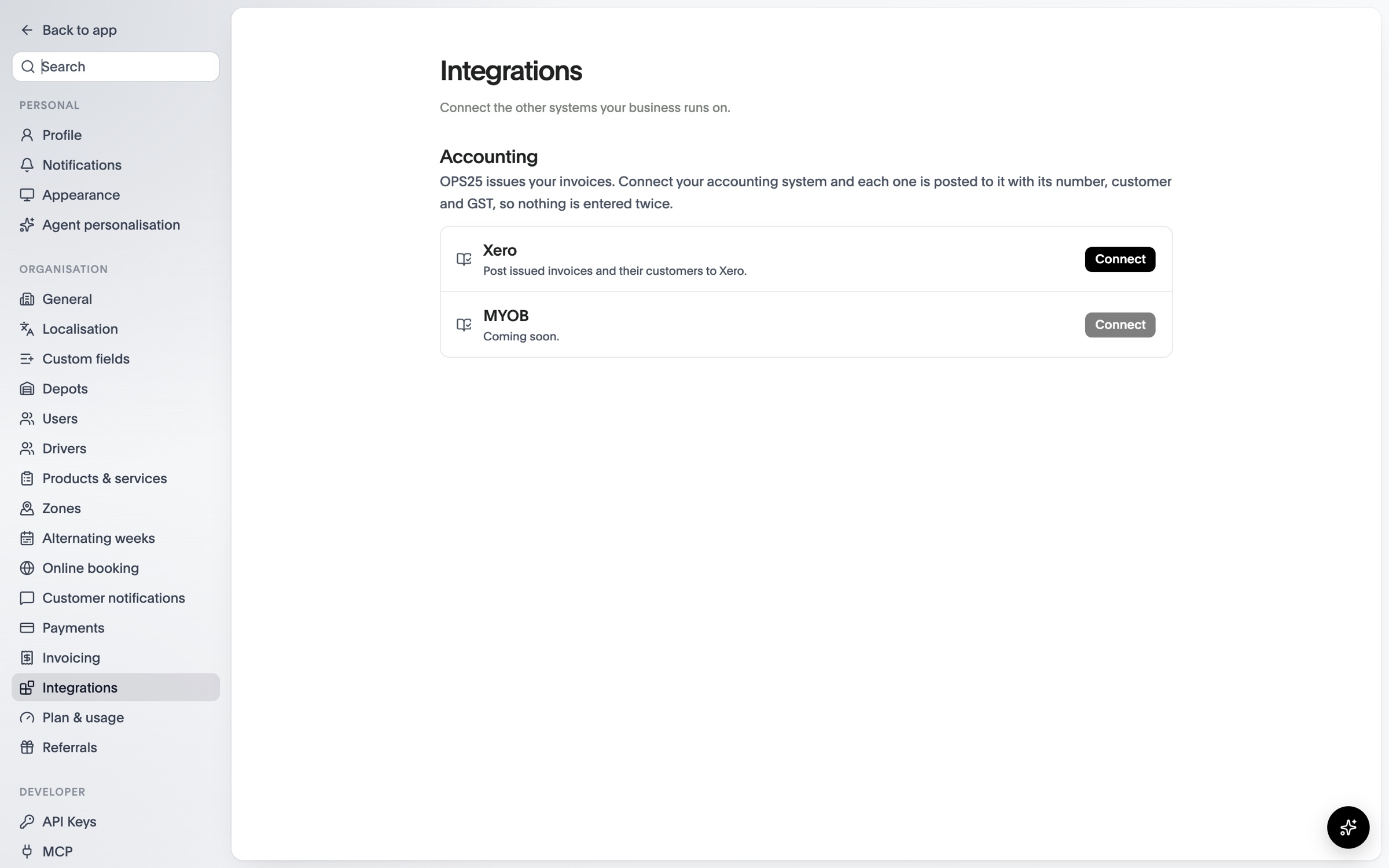 Integration settings with Xero ready to connect and MYOB coming soon