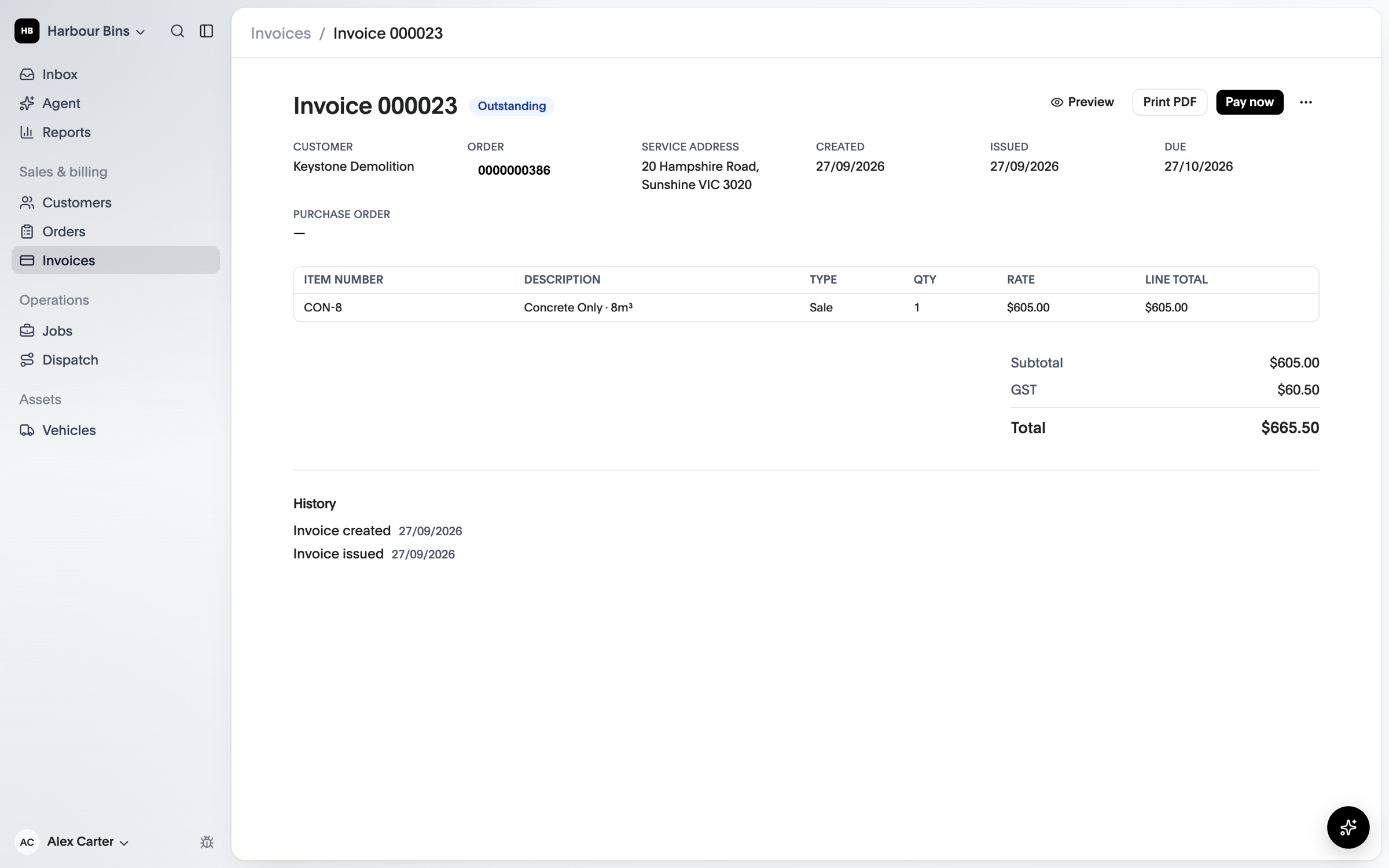 An issued invoice with its line, GST and total, ready to pay or print