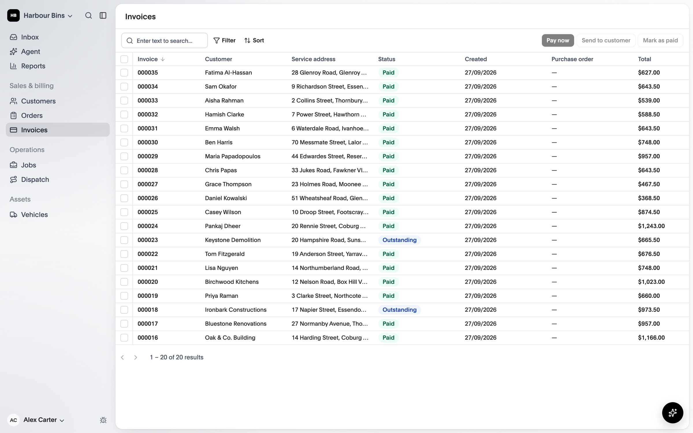 The invoice list showing paid and outstanding invoices