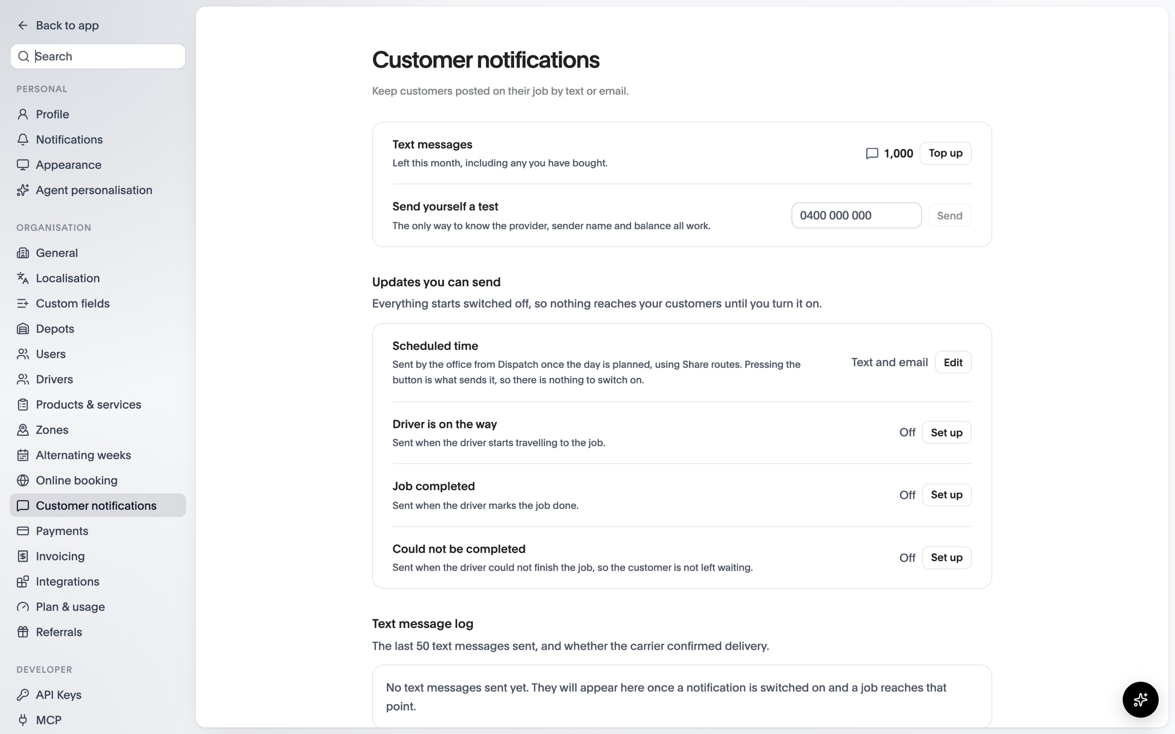 Customer notification settings with the text message balance and each update you can send