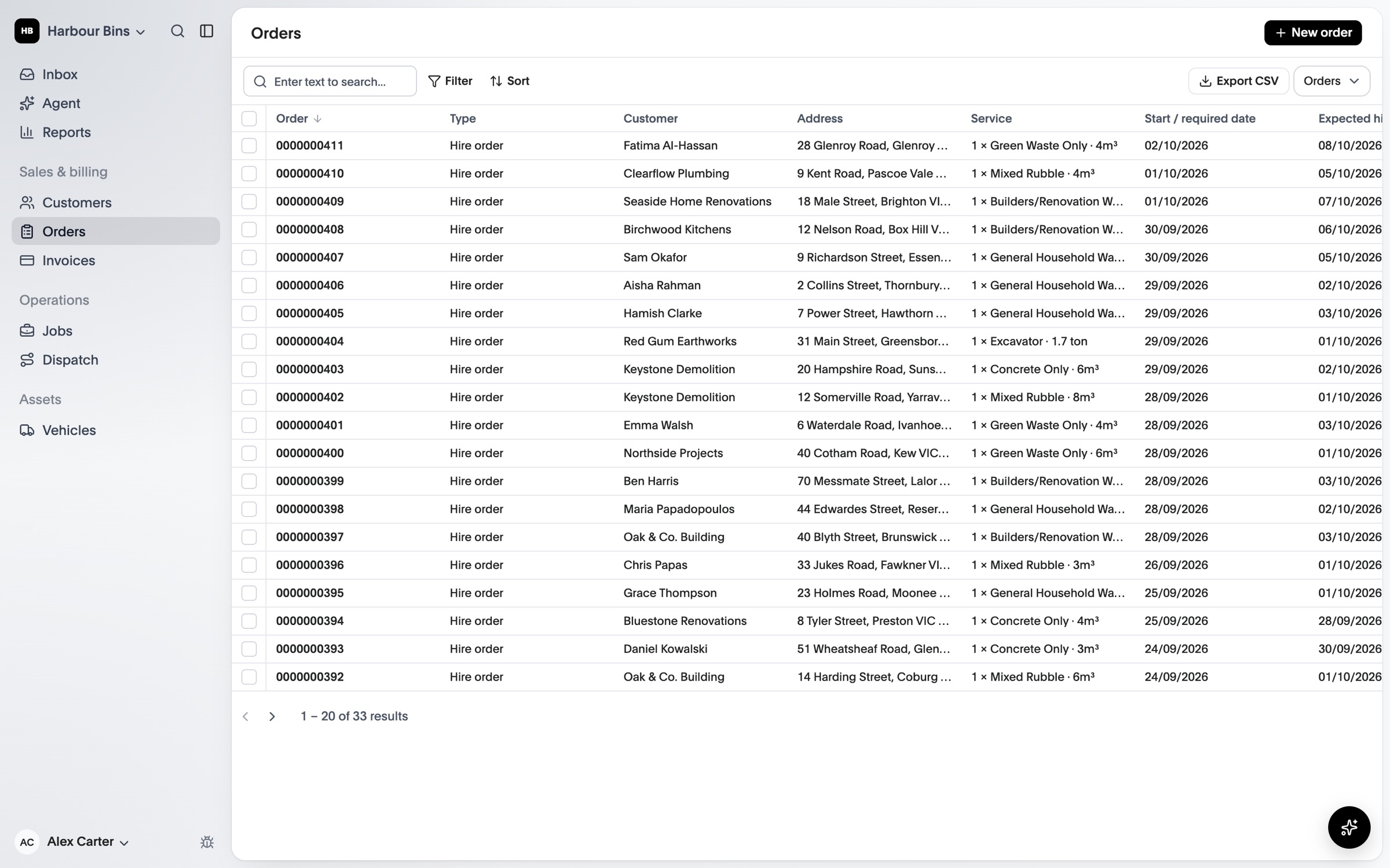 The order list with each customer, address, bin and hire dates